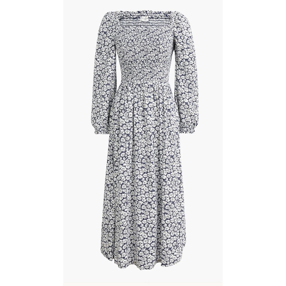 J Crew Maxi Dress Women's Small Blue Floral Daisy Smocked Puff Peasant Pockets